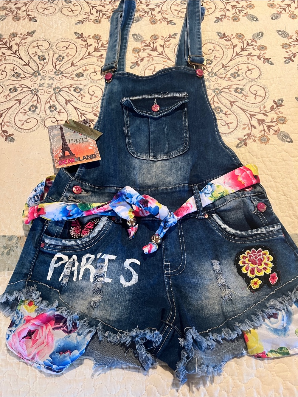 Denim Floral Patch Short Overalls with 'PARIS' Accent